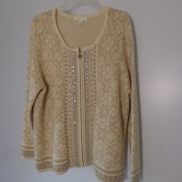 Coldwater Creek Women’s Wool Sweater Beige Snowflake Long Sleeve Zip Size 2X - Picture 1 of 7